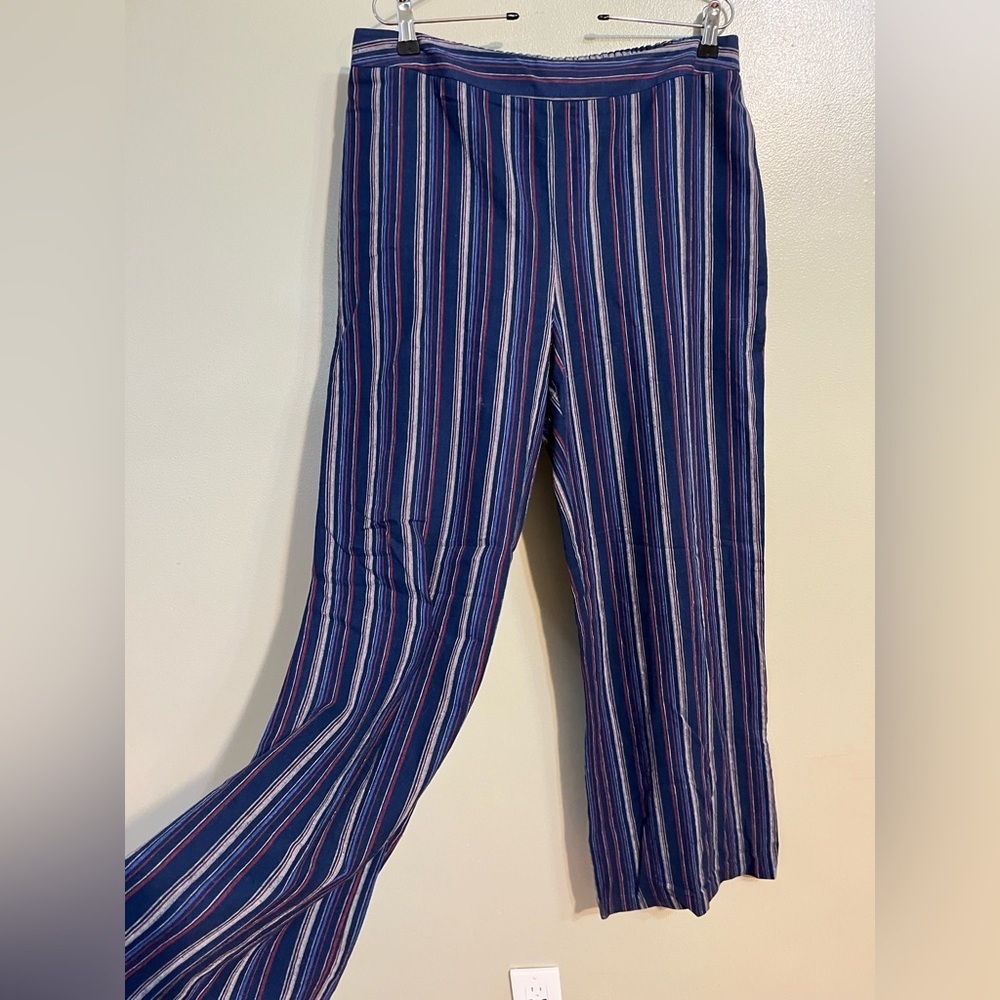 Coldwater Creek Womens  Striped Blue and Red Wide-Leg Pants Linen Pull On L